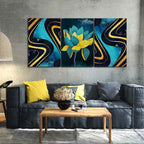 Golden Textures and Turquoise Flowers Wall Painting of 3 Pieces