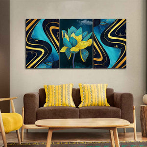 Golden Textures and Turquoise Flowers Wall Painting of 3 Pieces