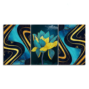 Golden Textures and Turquoise Flowers Wall Painting of 3 Pieces