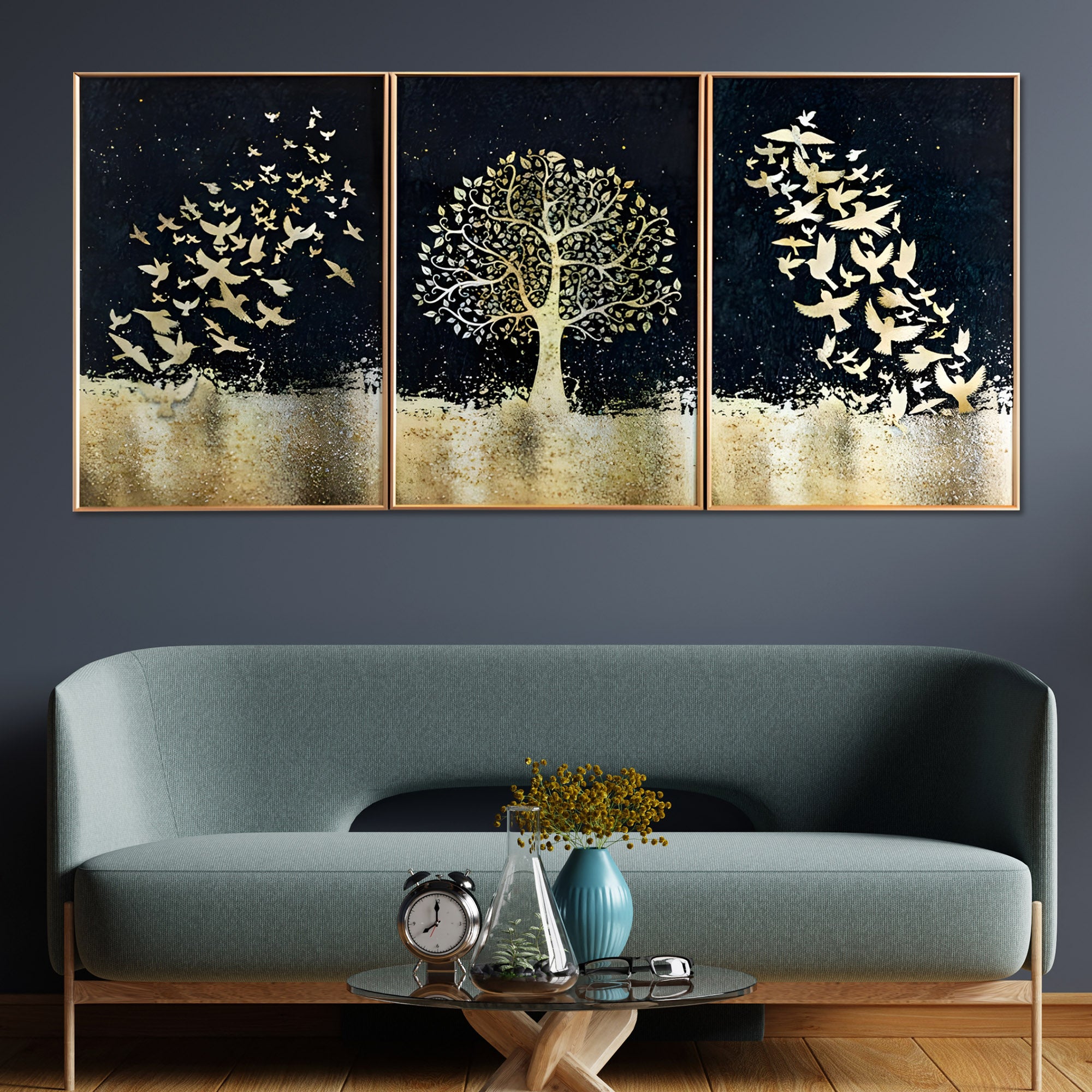 Golden Tree & Birds Framed Crystal Glass Painting Set of 3