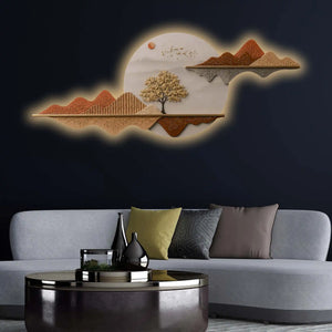 Golden Tree Horizon Reflection Premium Crystal Glass Backlit LED Wall Art