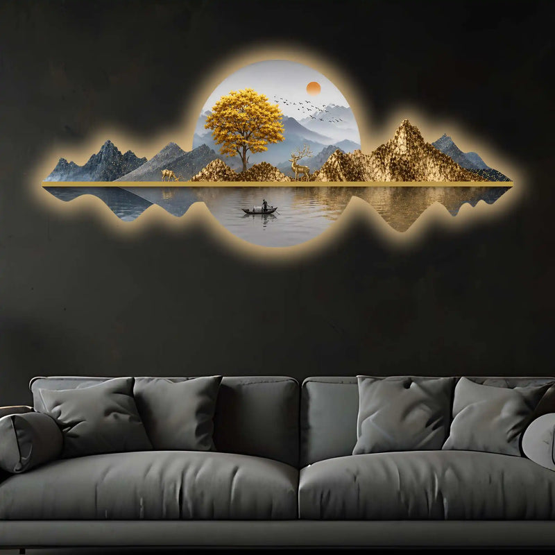 Golden Tree & Mountain Reflection Crystal Glass Backlit LED Painting