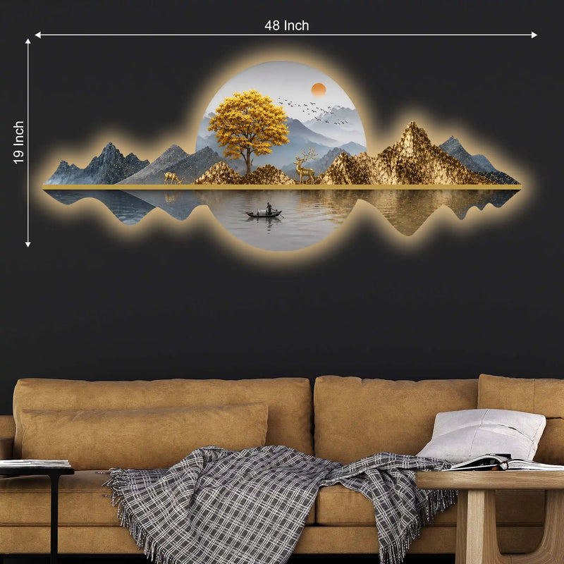 Golden Tree & Mountain Reflection Crystal Glass Backlit LED Painting