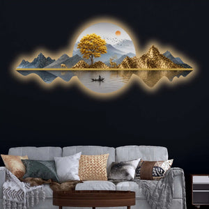 Golden Tree & Mountain Reflection Crystal Glass Backlit LED Wall Art