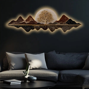 Golden Tree Mountain Reflection Premium Crystal Glass Backlit LED Wall Art