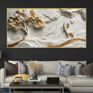 Golden Tree of Life and Majestic White Deer 3D Canvas Wall Painting