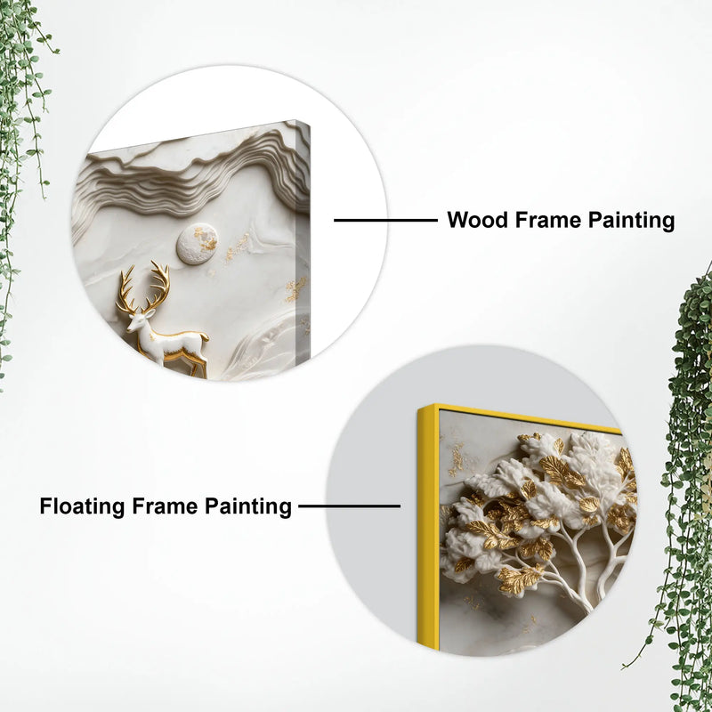 Golden Tree of Life and Majestic White Deer 3D Canvas Wall Painting
