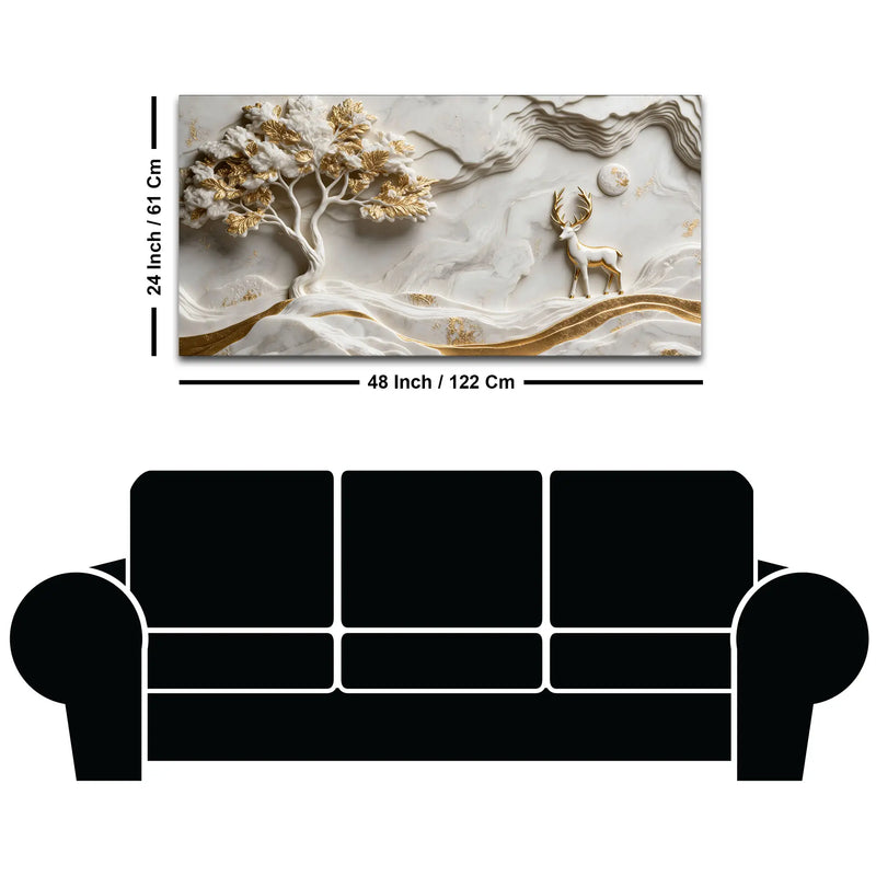 Golden Tree of Life and Majestic White Deer 3D Canvas Wall Painting