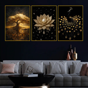 golden-tree-of-life-divine-lotus-royal-peacock-floating-frame-crystal-wall-painting-set-of-3