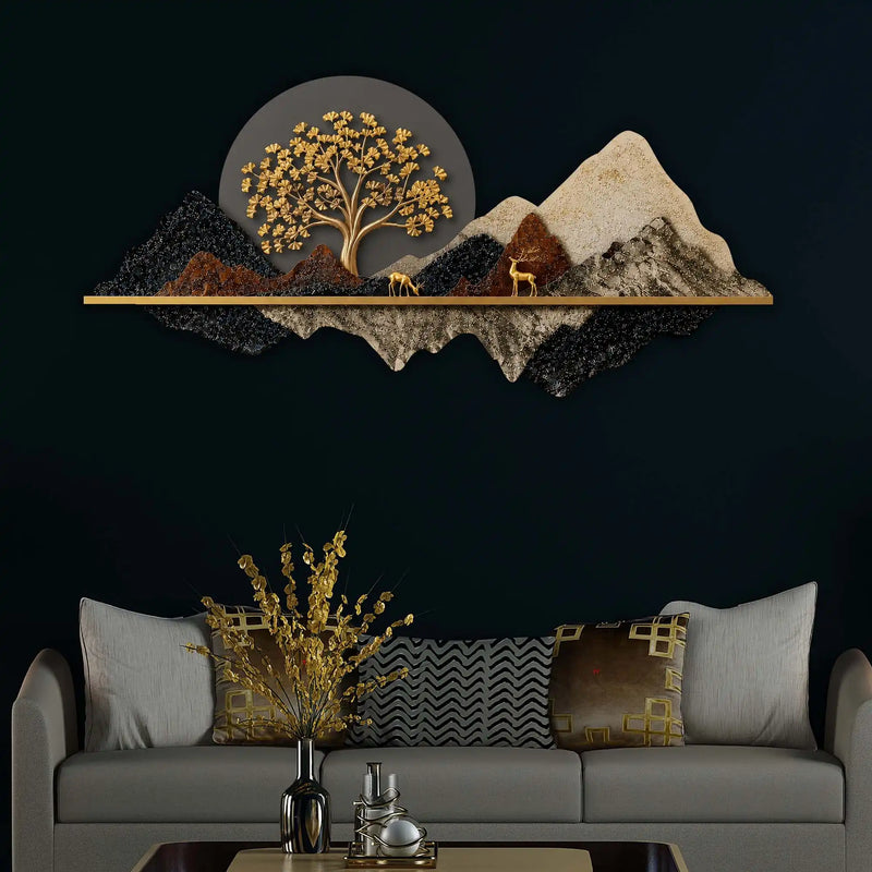 Golden Tree of Life Mountains & Deers Crystal Glass Backlit LED Painting
