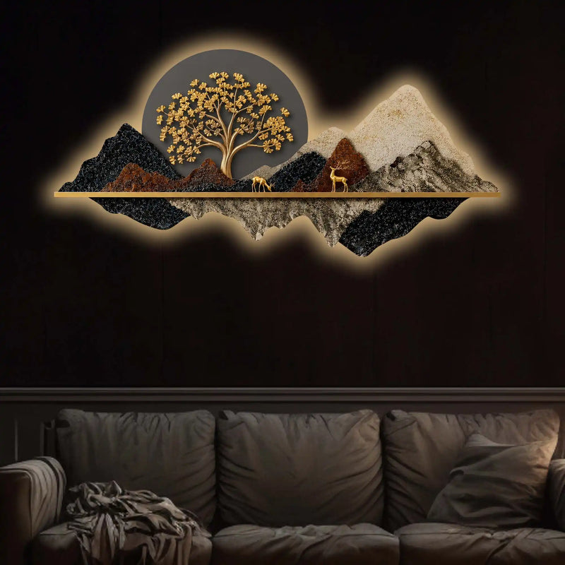Golden Tree of Life Mountains & Deers Crystal Glass Backlit LED Painting