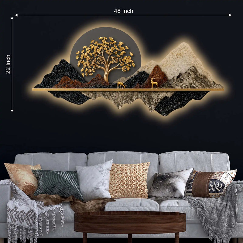 Golden Tree of Life Mountains & Deers Crystal Glass Backlit LED Painting