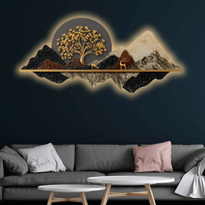 Golden Tree of Life Mountains & Deers Crystal Glass Backlit LED Wall Art