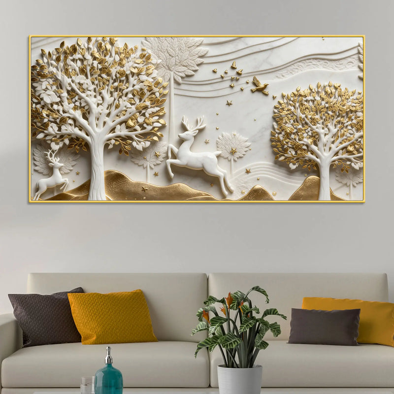 Golden Tree of Life with Graceful Deer 3D Canvas Wall Painting