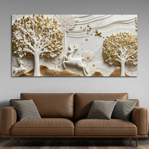 Golden Tree of Life with Graceful Deer 3D Canvas Wall Painting