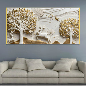 Golden Tree of Life with Graceful Deer 3D Canvas Wall Painting