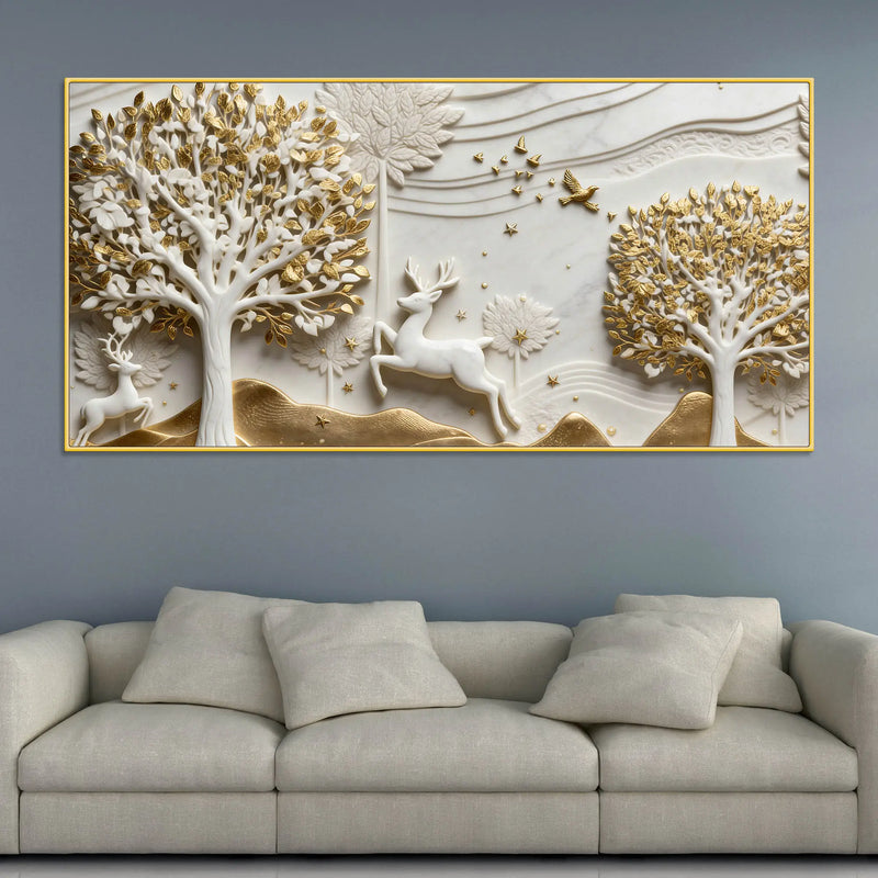 Golden Tree of Life with Graceful Deer 3D Canvas Wall Painting