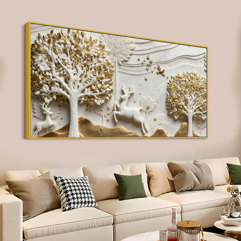 Golden Tree of Life with Graceful Deer 3D Canvas Wall Painting