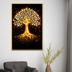 Golden Tree of Life with Vibrant Leaves Floating Frame Crystal Wall Painting