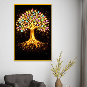 Golden Tree of Life with Vibrant Leaves Floating Frame Crystal Wall Painting