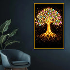 Golden Tree of Life with Vibrant Leaves Floating Frame Crystal Wall Painting