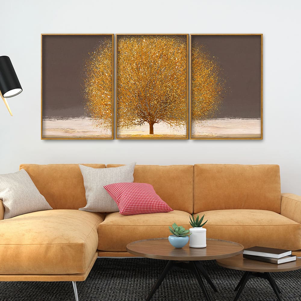 Golden Tree with Elements of gold textures Floating Canvas Wall Painting Set of Three