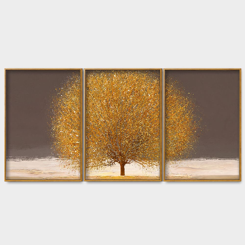 Golden Tree with Elements of gold textures Floating Canvas Wall Painting Set of Three