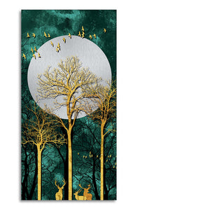 Golden Tree with Moon and Flying Birds Premium Canvas Wall Painting