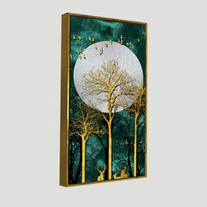 Golden Tree with Moon and Flying Birds Premium Canvas Wall Painting