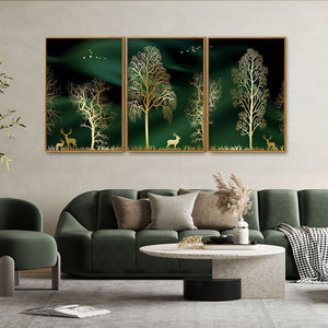 Golden Trees and Deer Modern Art Premium Floating Canvas Wall Painting Set of Three