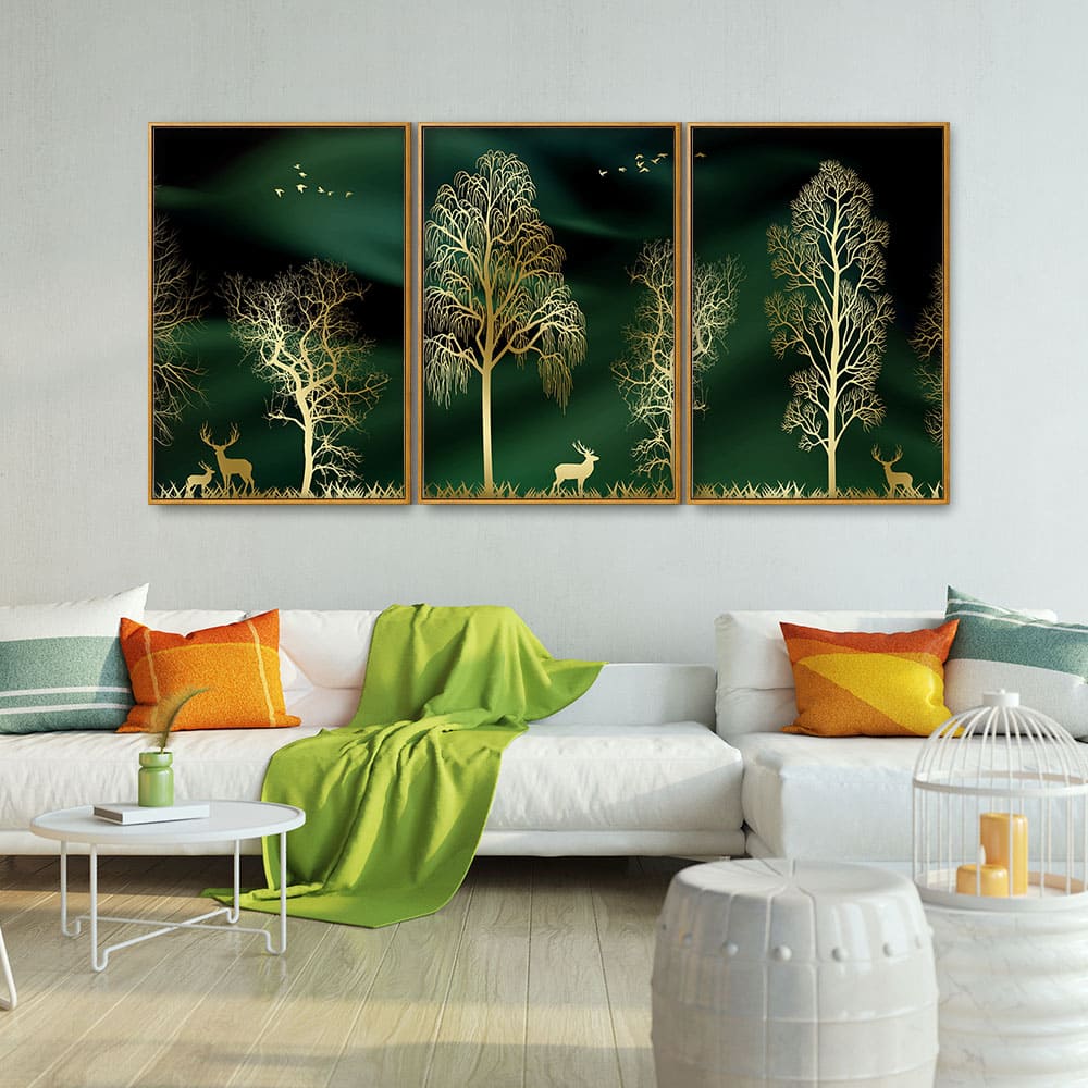 Golden Trees and Deer Modern Art Premium Floating Canvas Wall Painting Set of Three