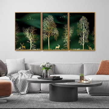 Golden Trees and Deer Modern Art Premium Floating Canvas Wall Painting Set of Three