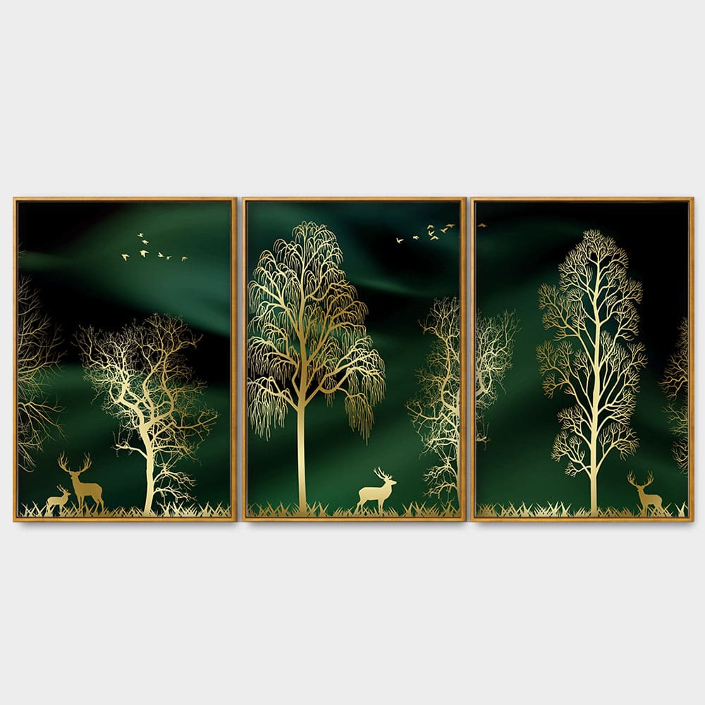 Golden Trees and Deer Modern Art Premium Floating Canvas Wall Painting Set of Three