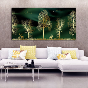 Golden Trees and Deer Modern Art Premium Wall Painting