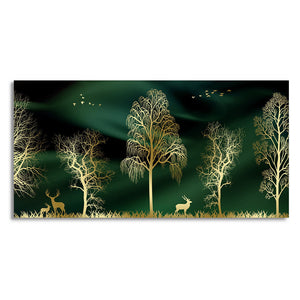 Golden Trees and Deer Modern Art Premium Wall Painting