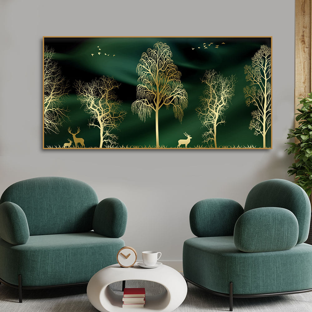 Golden Trees and Deer Modern Art Premium Wall Painting