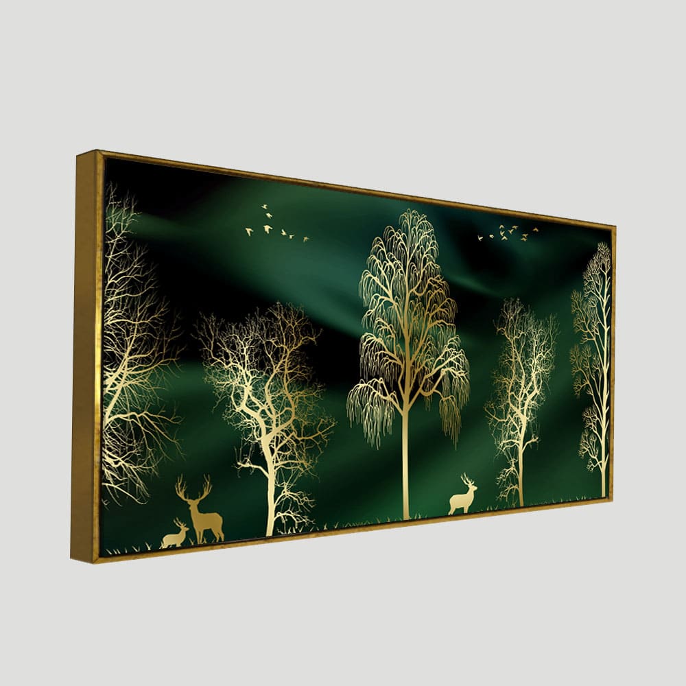 Golden Trees and Deer Modern Art Premium Wall Painting