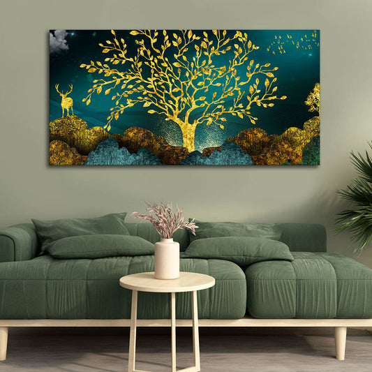 Golden Trees and Deer with Hills Premium Canvas Print Wall Painting