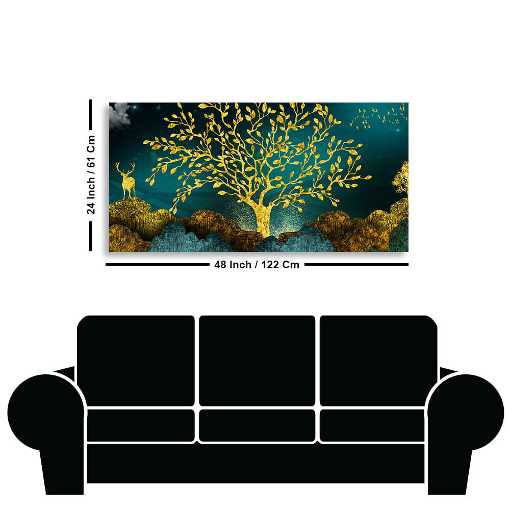 Golden Trees and Deer with Hills Premium Canvas Print Wall Painting