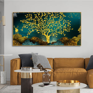 Golden Trees and Deer with Hills Premium Canvas Print Wall Painting