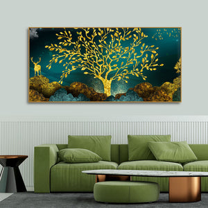 Golden Trees and Deer with Hills Premium Canvas Print Wall Painting