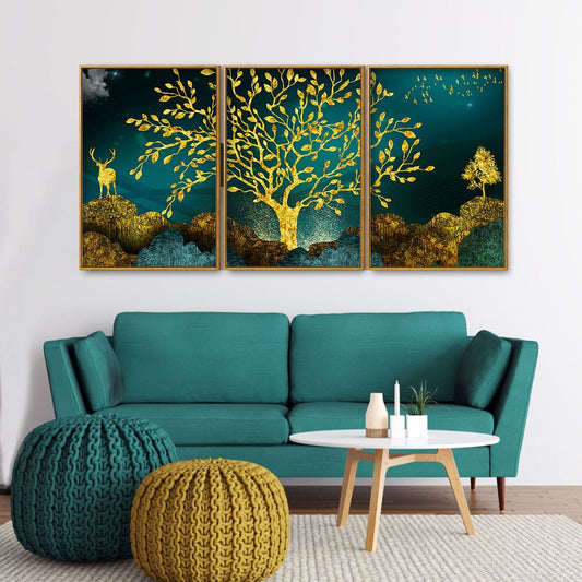 Golden Trees and Deer with Hills Premium Floating Canvas Wall Painting Set of Three