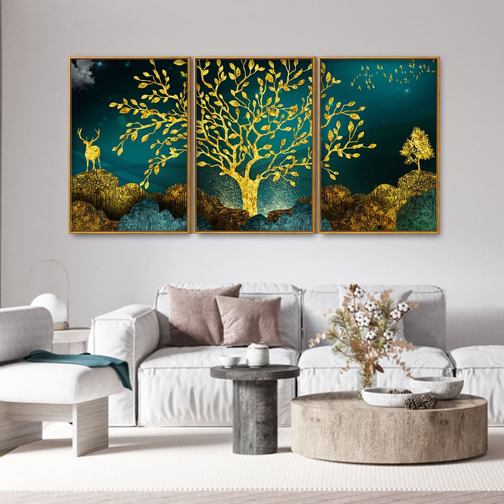 Golden Trees and Deer with Hills Premium Floating Canvas Wall Painting Set of Three