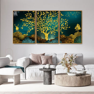 Golden Trees and Deer with Hills Premium Floating Canvas Wall Painting Set of Three