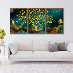 Golden Trees and Deer with Hills Premium Floating Canvas Wall Painting Set of Three