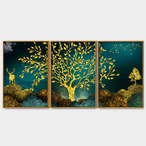 Golden Trees and Deer with Hills Premium Floating Canvas Wall Painting Set of Three