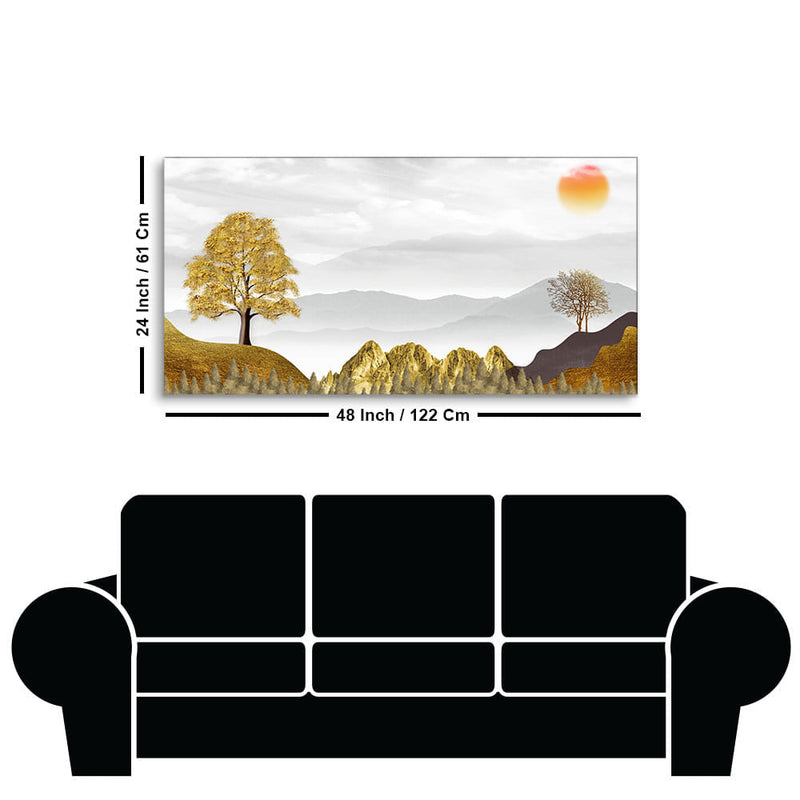 Golden Trees with Beautiful Sunrise Premium Canvas Wall Painting
