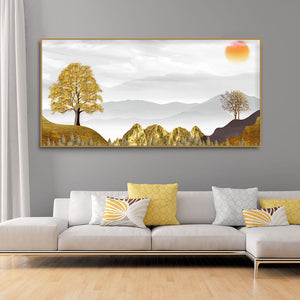 Golden Trees with Beautiful Sunrise Premium Canvas Wall Painting