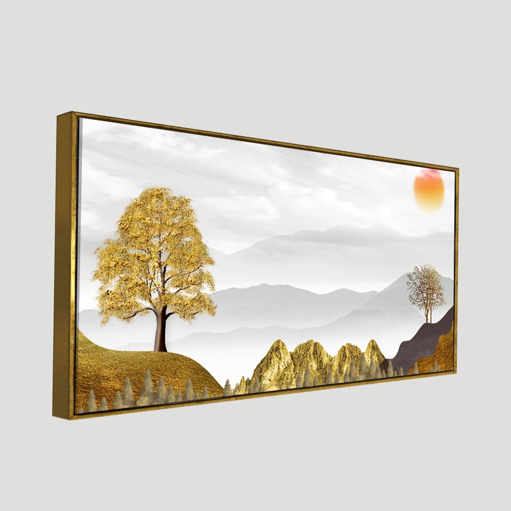 Golden Trees with Beautiful Sunrise Premium Canvas Wall Painting