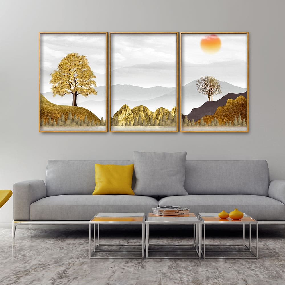 Golden Trees with Beautiful Sunrise Premium Floating Canvas Wall Painting Set of Three